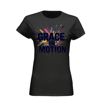 Black t-shirt with 'Grace in Motion' text and colorful design on a white background