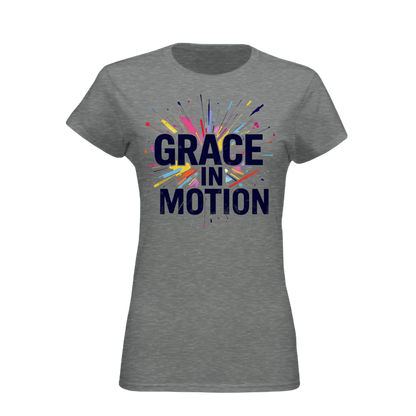 Gray t-shirt with 'Grace in Motion' text and colorful design on a white background