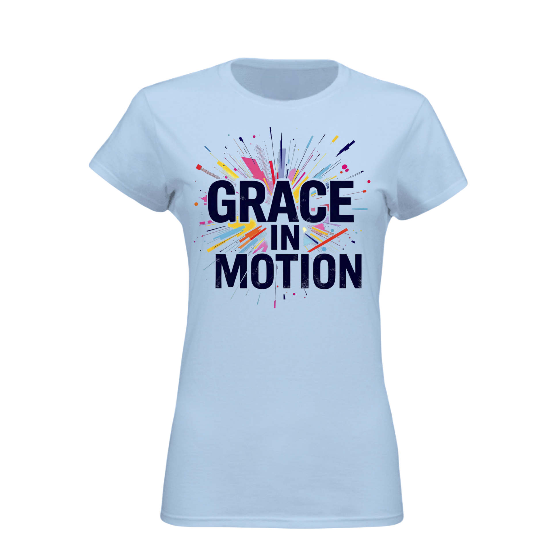 Light blue t-shirt with 'Grace in Motion' text and colorful design on a white background