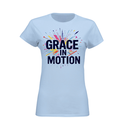 Light blue t-shirt with 'Grace in Motion' text and colorful design on a white background