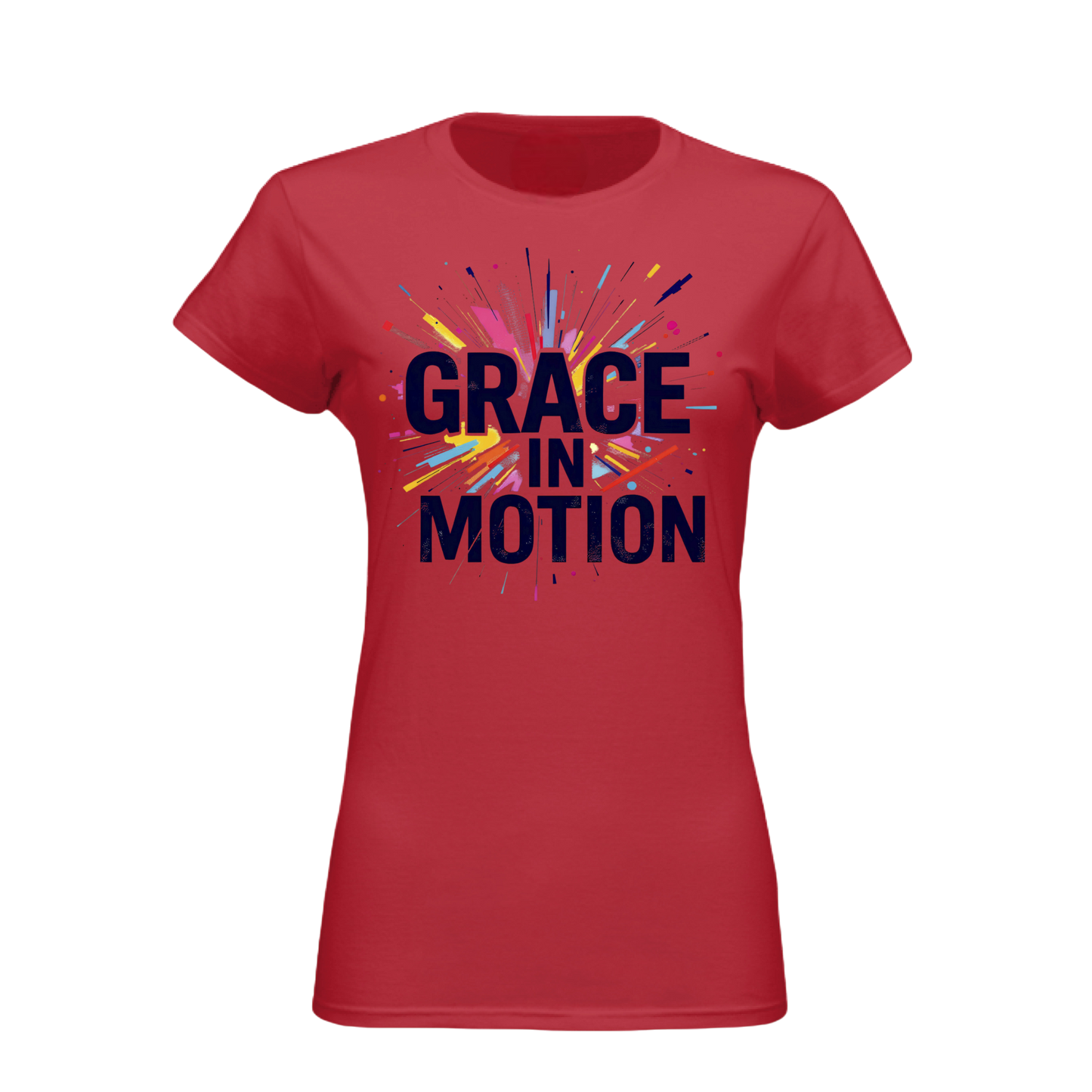Red t-shirt with 'Grace in Motion' text and colorful design on a white background