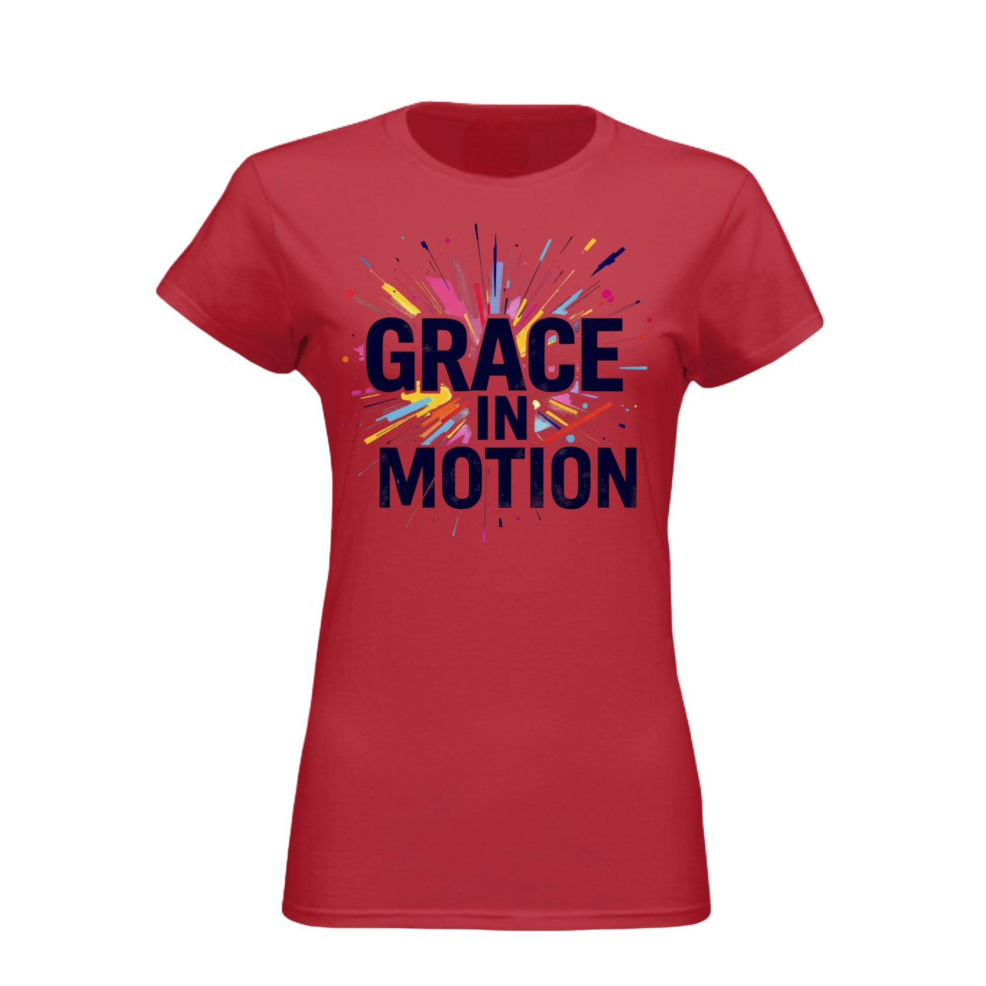Red t-shirt with 'Grace in Motion' text and colorful design on a white background