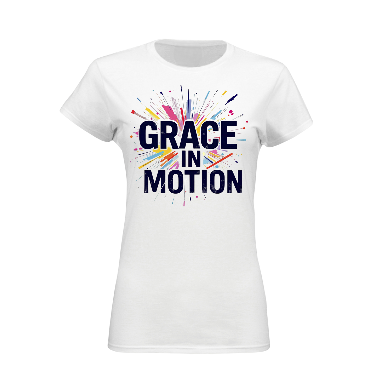 White t-shirt with 'Grace in Motion' text and colorful design on a white background