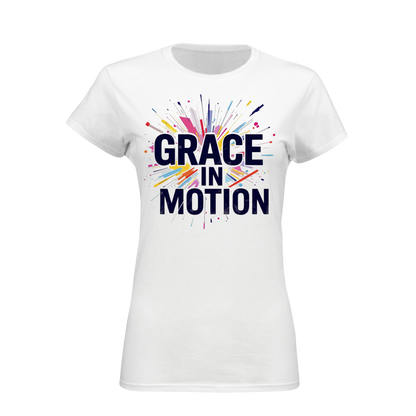 White t-shirt with 'Grace in Motion' text and colorful design on a white background