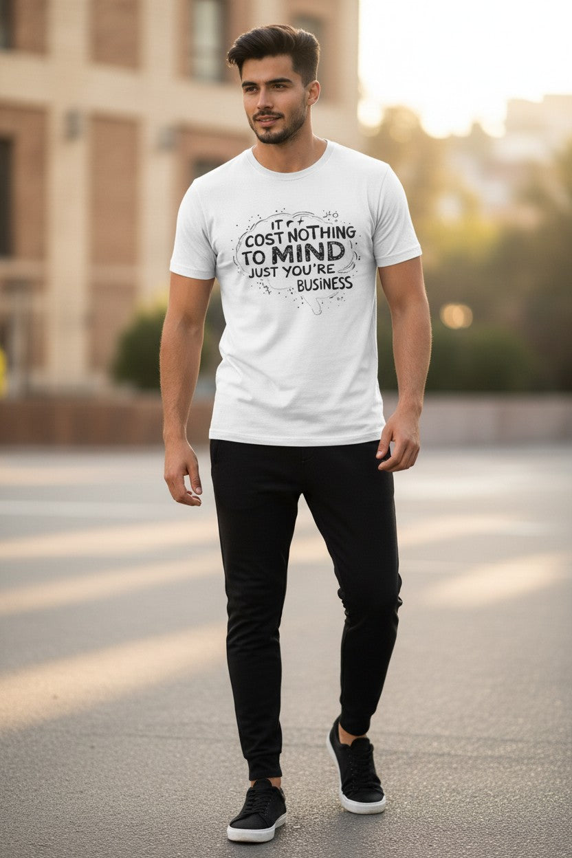 Man wearing a white t-shirt with text on a street
