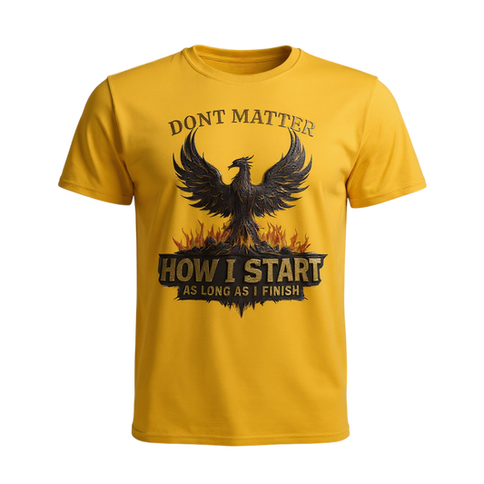 Yellow t-shirt with black eagle graphic and motivational text on a white background