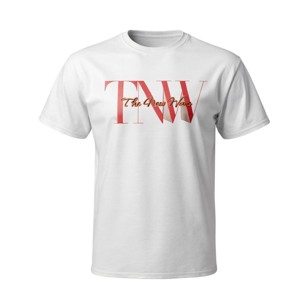 White t-shirt with 'TNW The New Wave' text on a white background