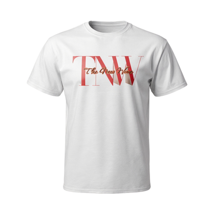 White t-shirt with 'TNW The New Wave' text on a white background