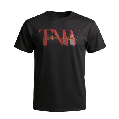 Black t-shirt with red and white logo on a white background