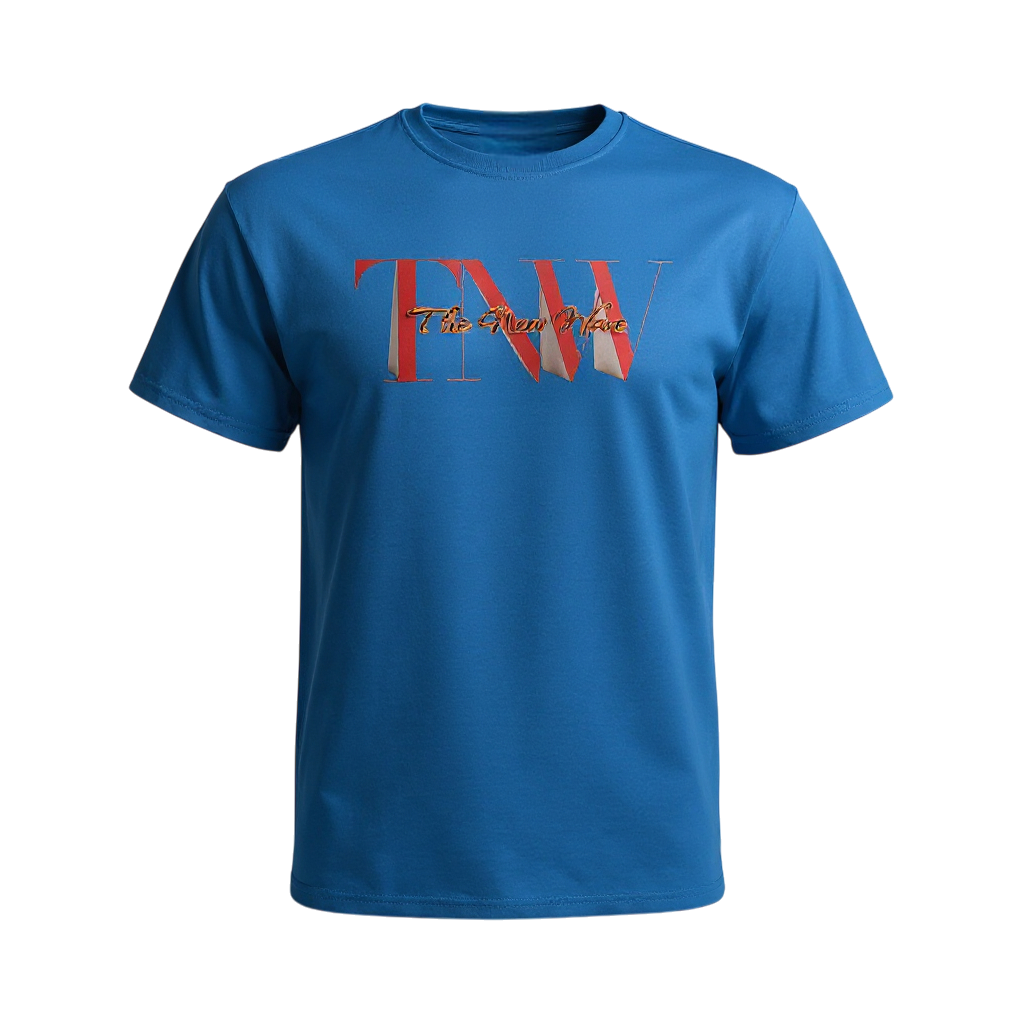 Blue t-shirt with red and white text on a white background