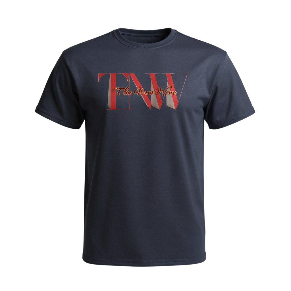 Navy blue t-shirt with red and white text on a white background