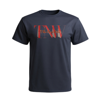 Navy blue t-shirt with red and white text on a white background