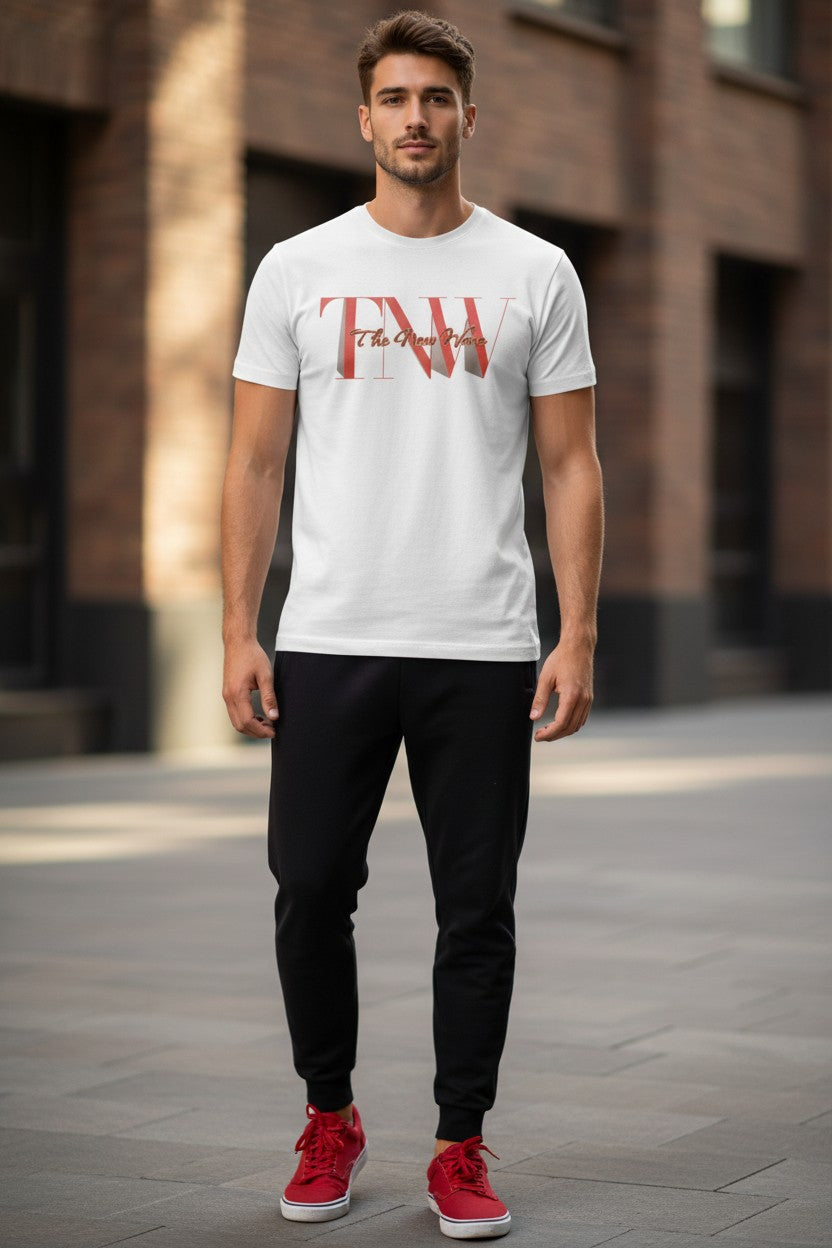 Man wearing a white t-shirt with red text, black pants, and red shoes standing on a street.