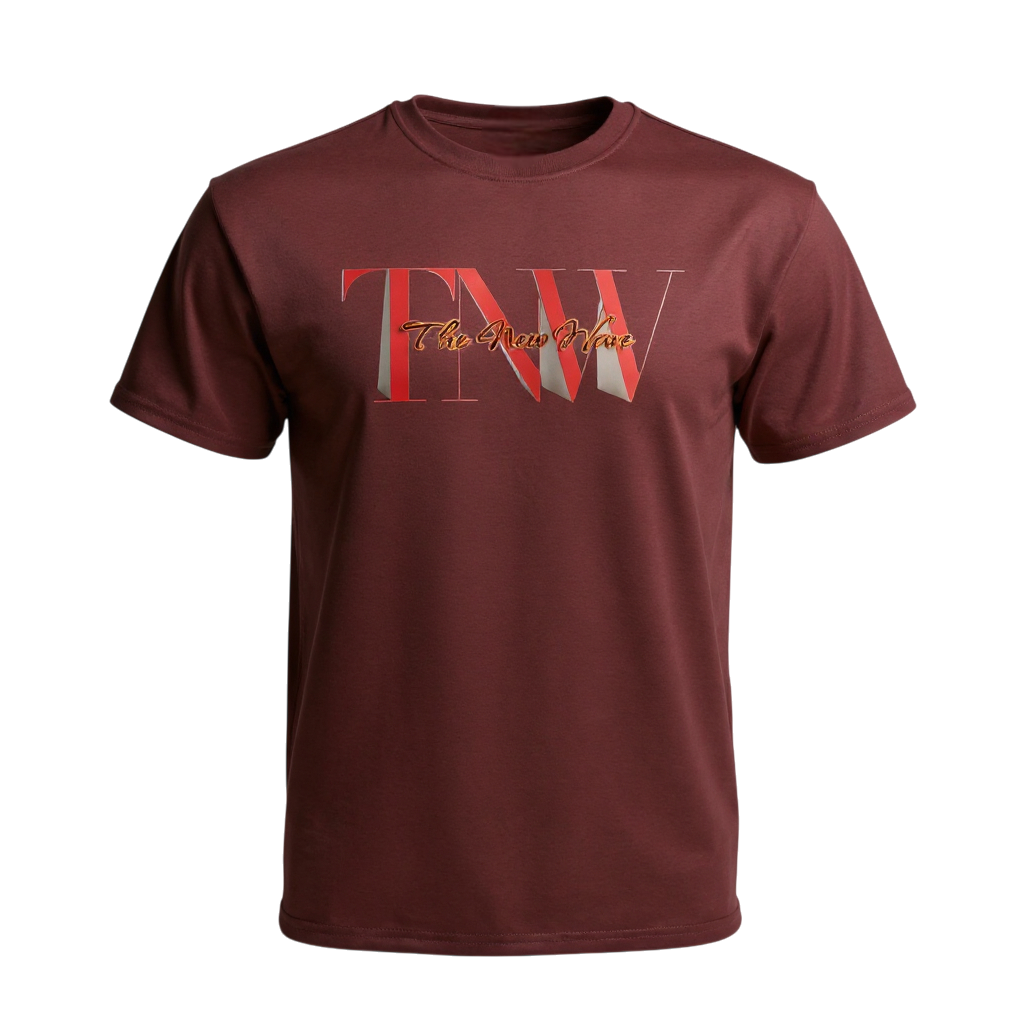 Maroon t-shirt with 'TNW' logo on a white background
