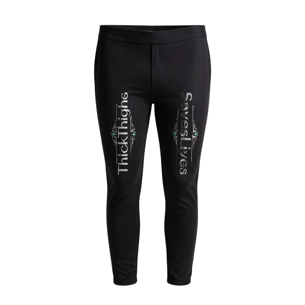 Black leggings with text on a white background