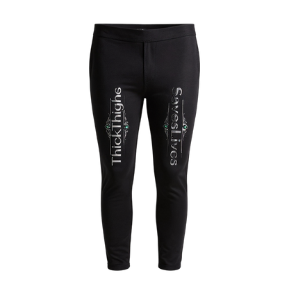 Black leggings with text on a white background