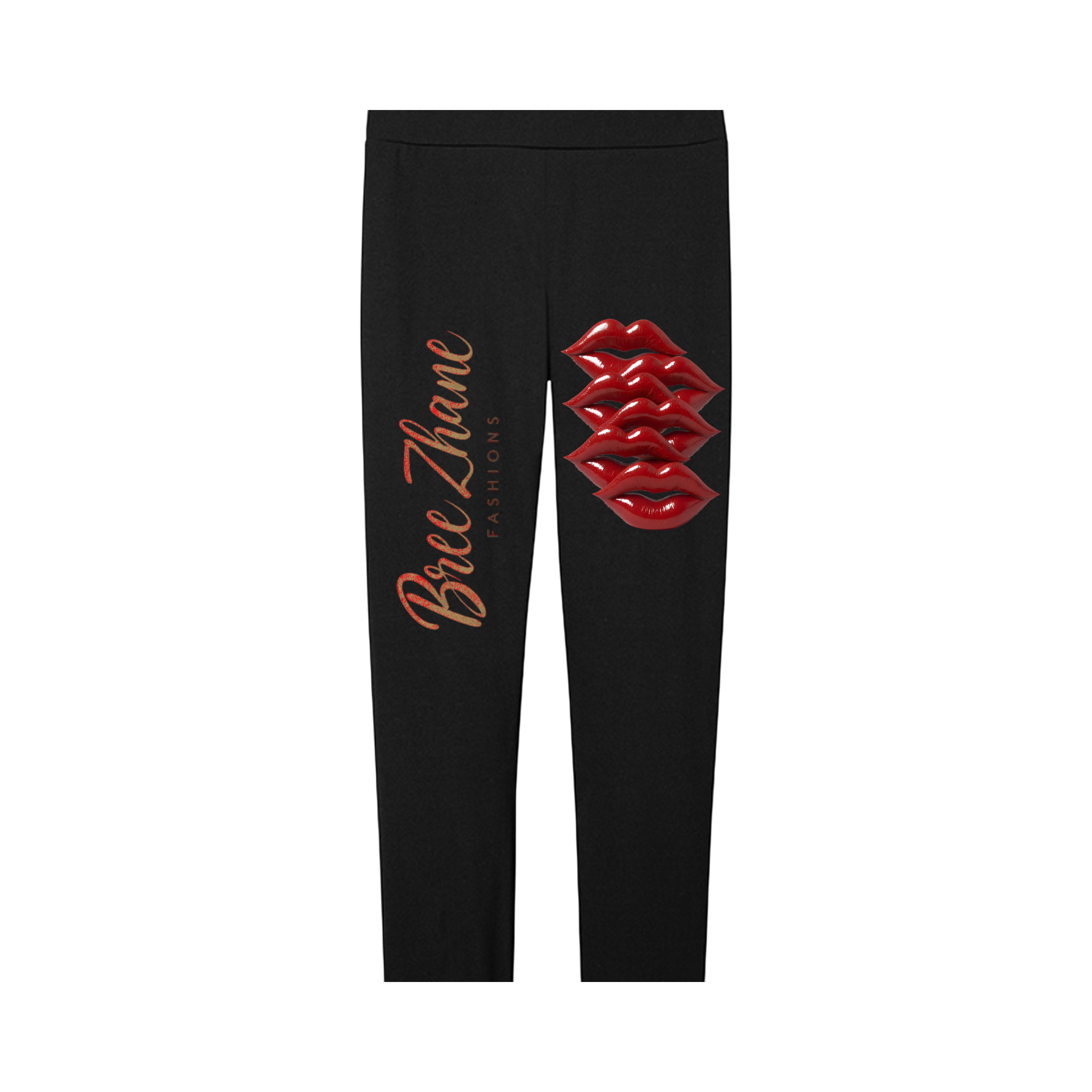 Black leggings with red lip print and 'Bree Zhan' text on a white background