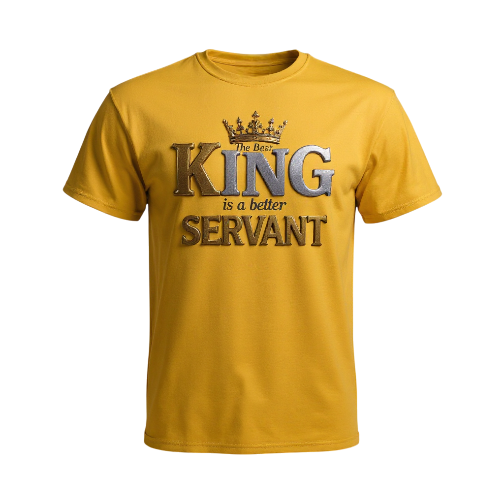 Yellow t-shirt with 'The Best King is a better Servant' text and crown graphic 