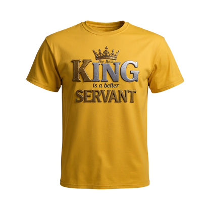 Yellow t-shirt with 'The Best King is a better Servant' text and crown graphic 