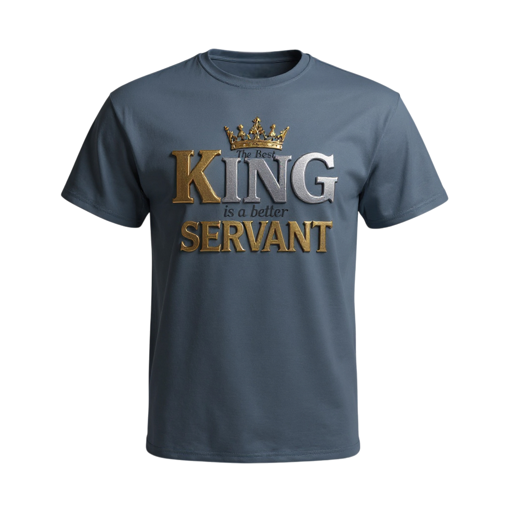 Indigo Blue t-shirt with 'The Best King is a Better Servant' text and crown graphic 