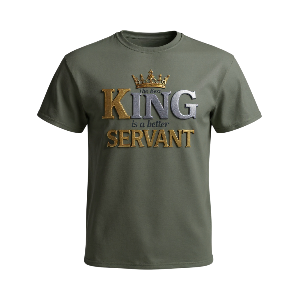 Military Green t-shirt with 'The Best King is a Better Servant' text and crown graphic 