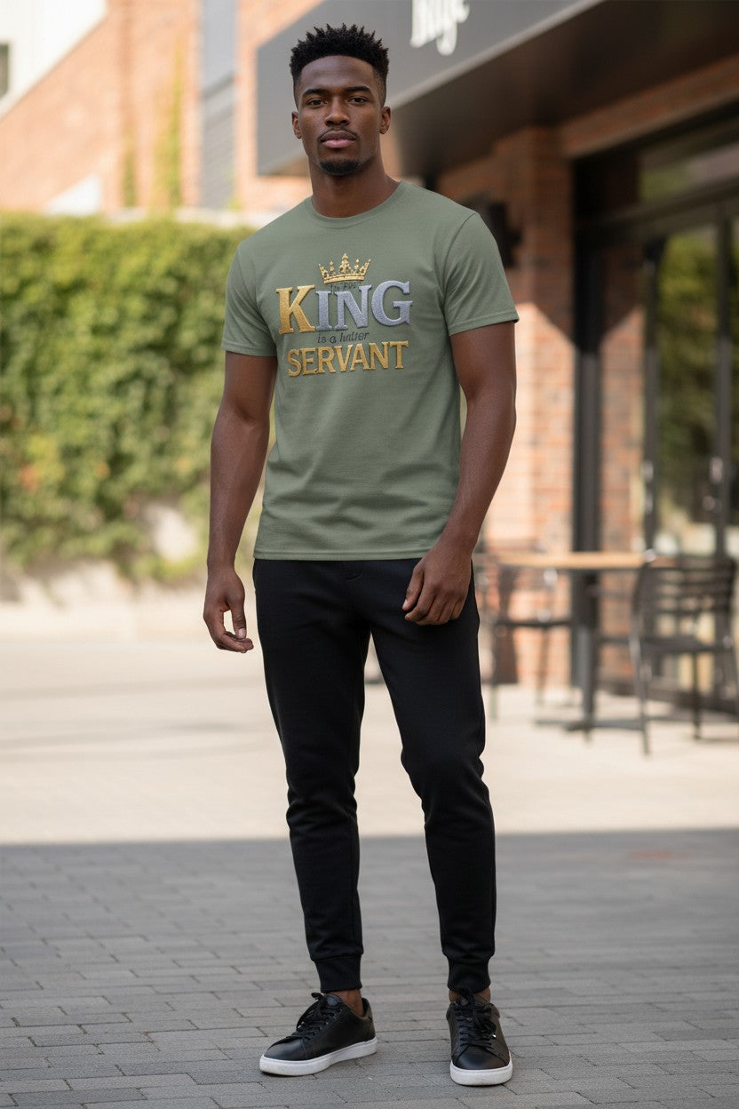 Man wearing a green t-shirt with 'King Servant' text standing outdoors.