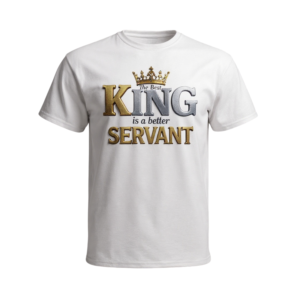 White t-shirt with gold and black text and crown graphic 
