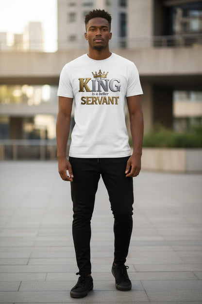 Man wearing a white t-shirt with a motivational quote in an urban setting