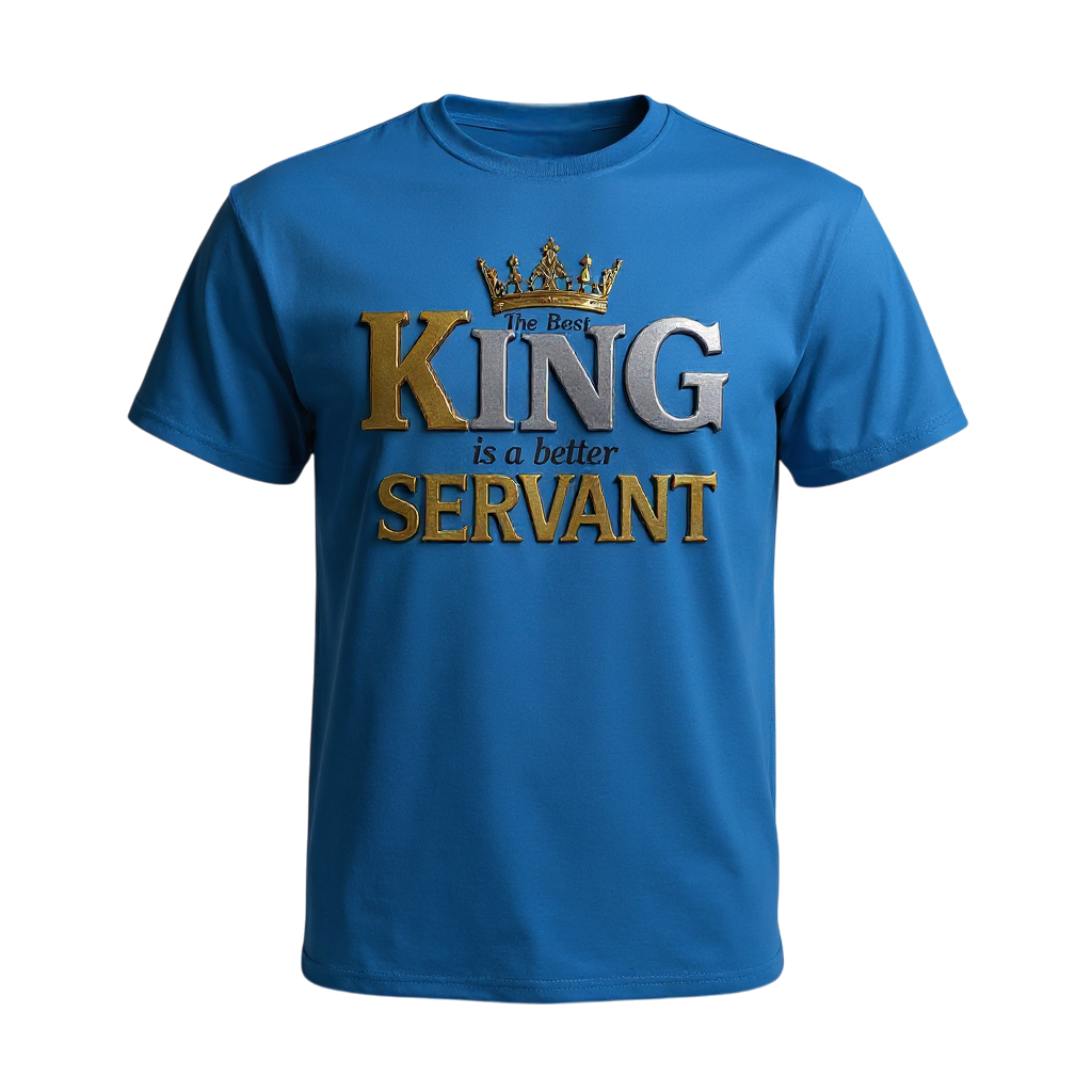 Royal Blue t-shirt with 'The Best King is a Better Servant' text and crown graphic 