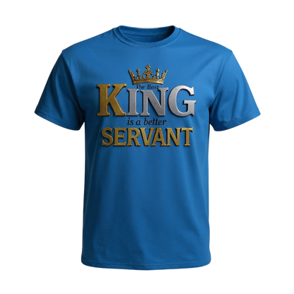 Royal Blue t-shirt with 'The Best King is a Better Servant' text and crown graphic 
