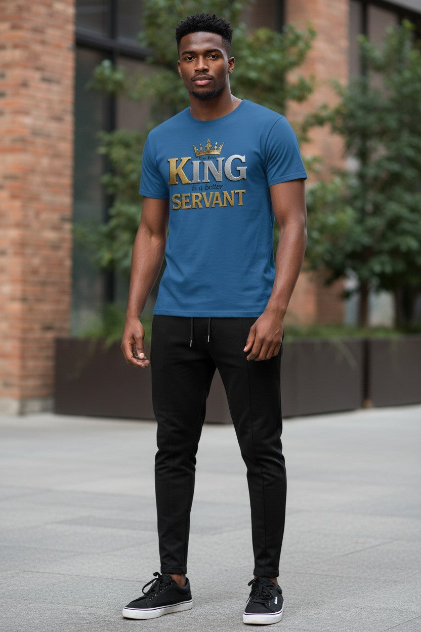 Man wearing a blue t-shirt with 'King Servant' text standing outdoors.