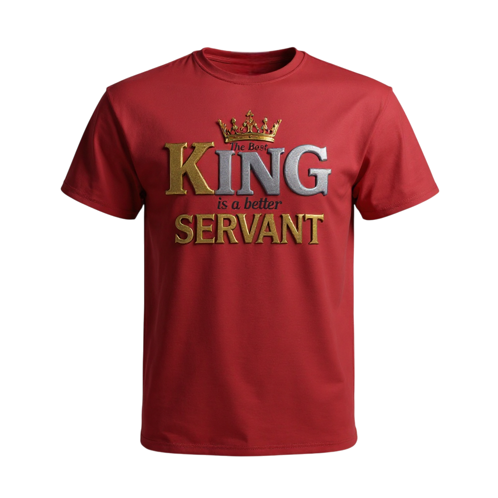 Red t-shirt with 'The Best King is a Better Servant' text and crown graphic on a white background