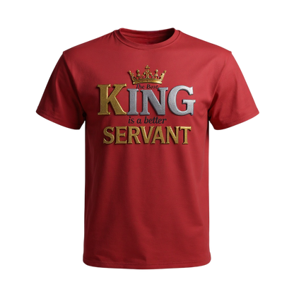 Red t-shirt with 'The Best King is a Better Servant' text and crown graphic on a white background