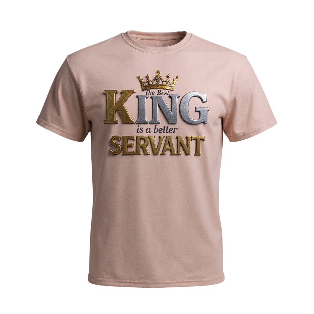 Beige t-shirt with 'The Best King is a Better Servant' text and crown graphic on a white background