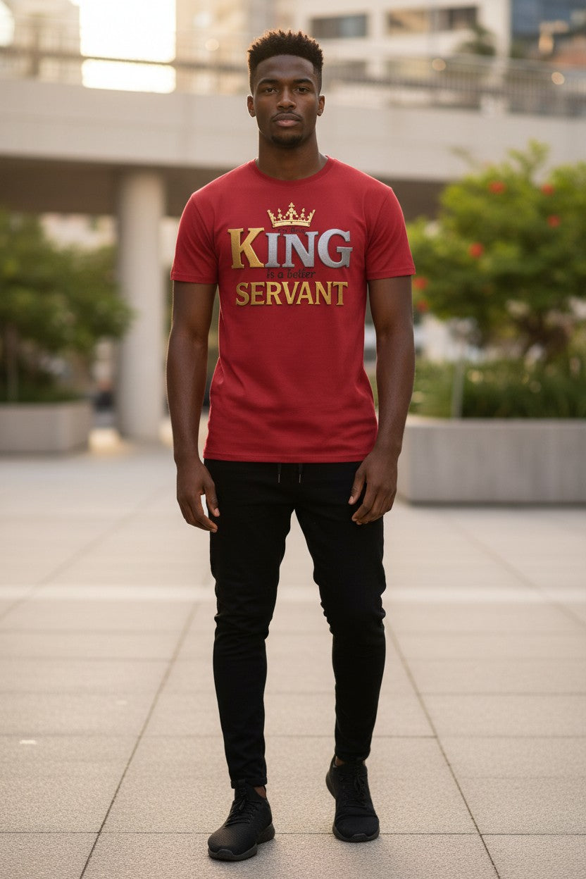 Person wearing a red 'King Servant' t-shirt standing outdoors.