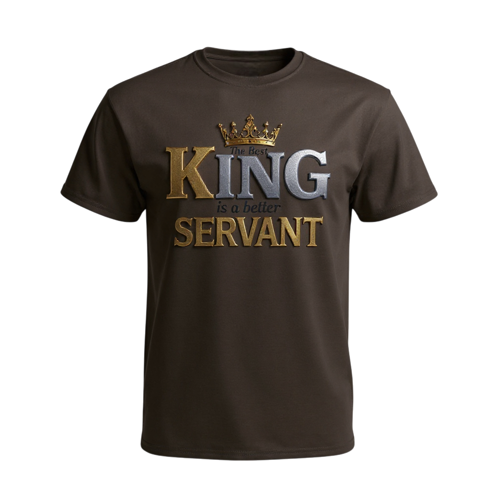 Brown t-shirt with 'King is better than Servant' text and crown graphic on a white background