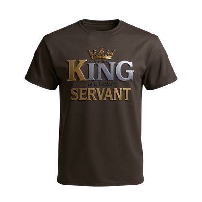 Brown t-shirt with 'King is better than Servant' text and crown graphic on a white background