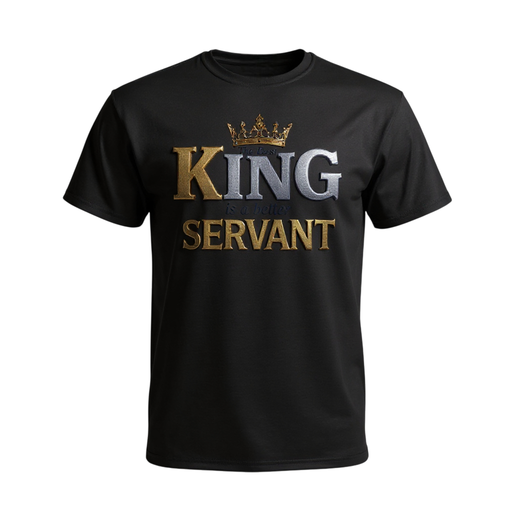 Black t-shirt with 'King Servant' text and crown graphic background