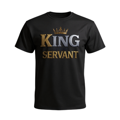 Black t-shirt with 'King Servant' text and crown graphic background