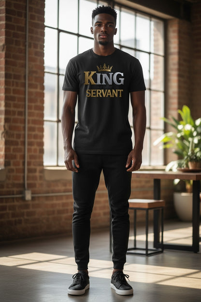 Man wearing a black t-shirt with 'King Servant' text in a modern indoor setting.
