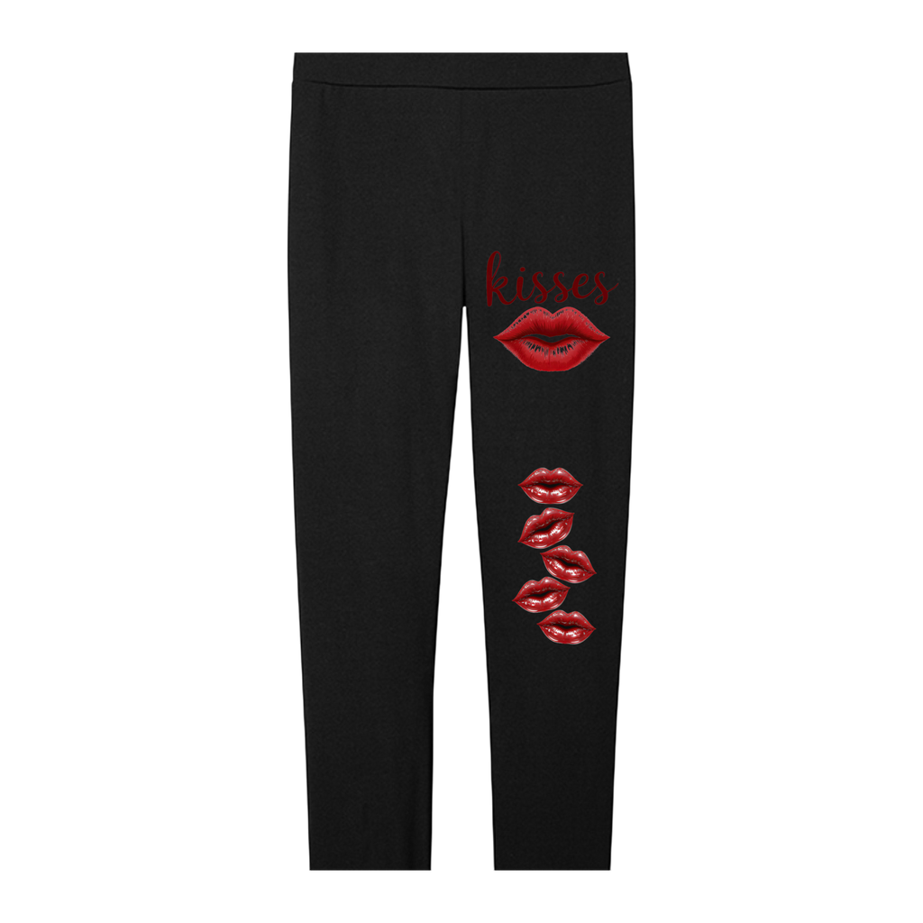 Black leggings with red lip prints and 'kisses' text on a white background
