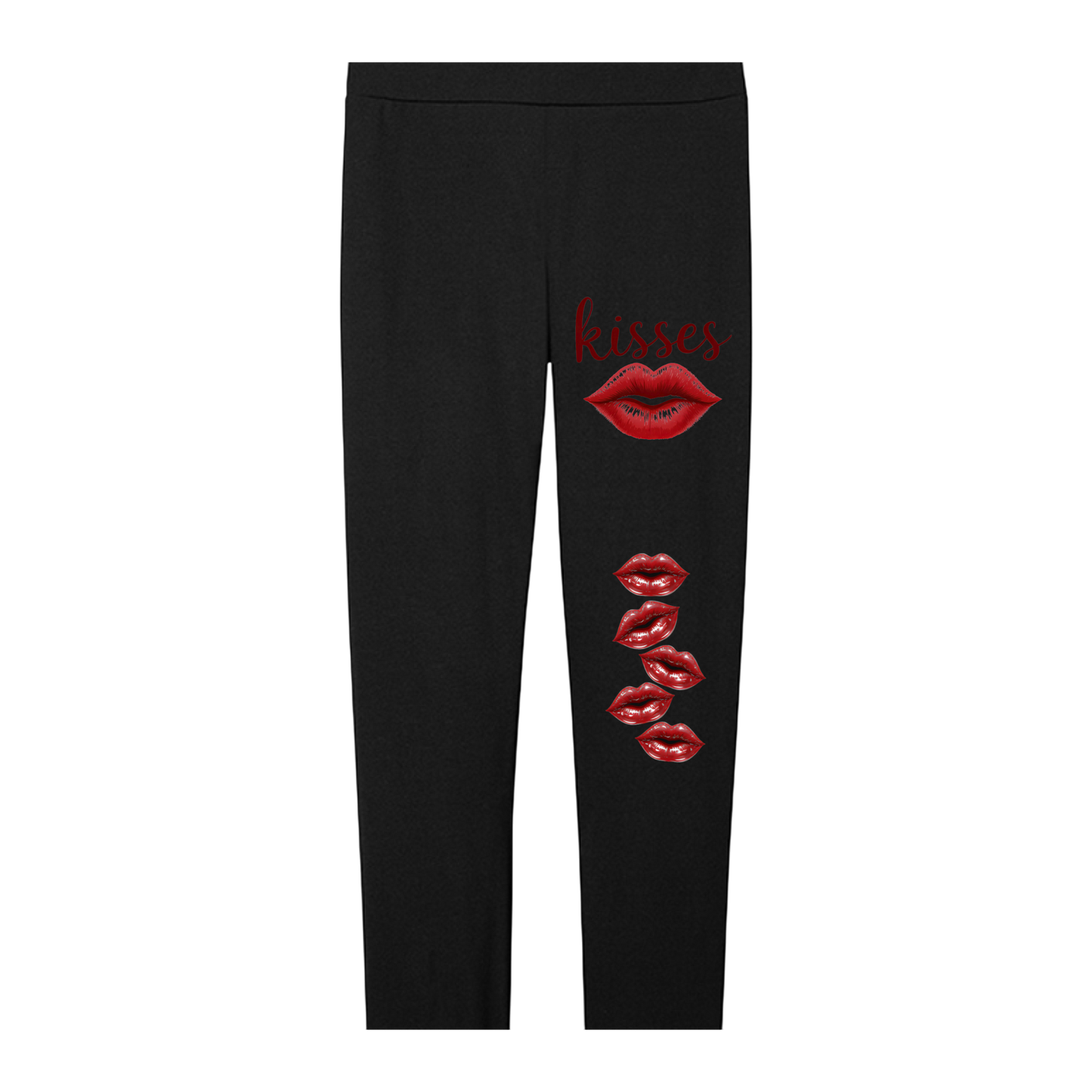 Black leggings with red lip prints and 'kisses' text on a white background