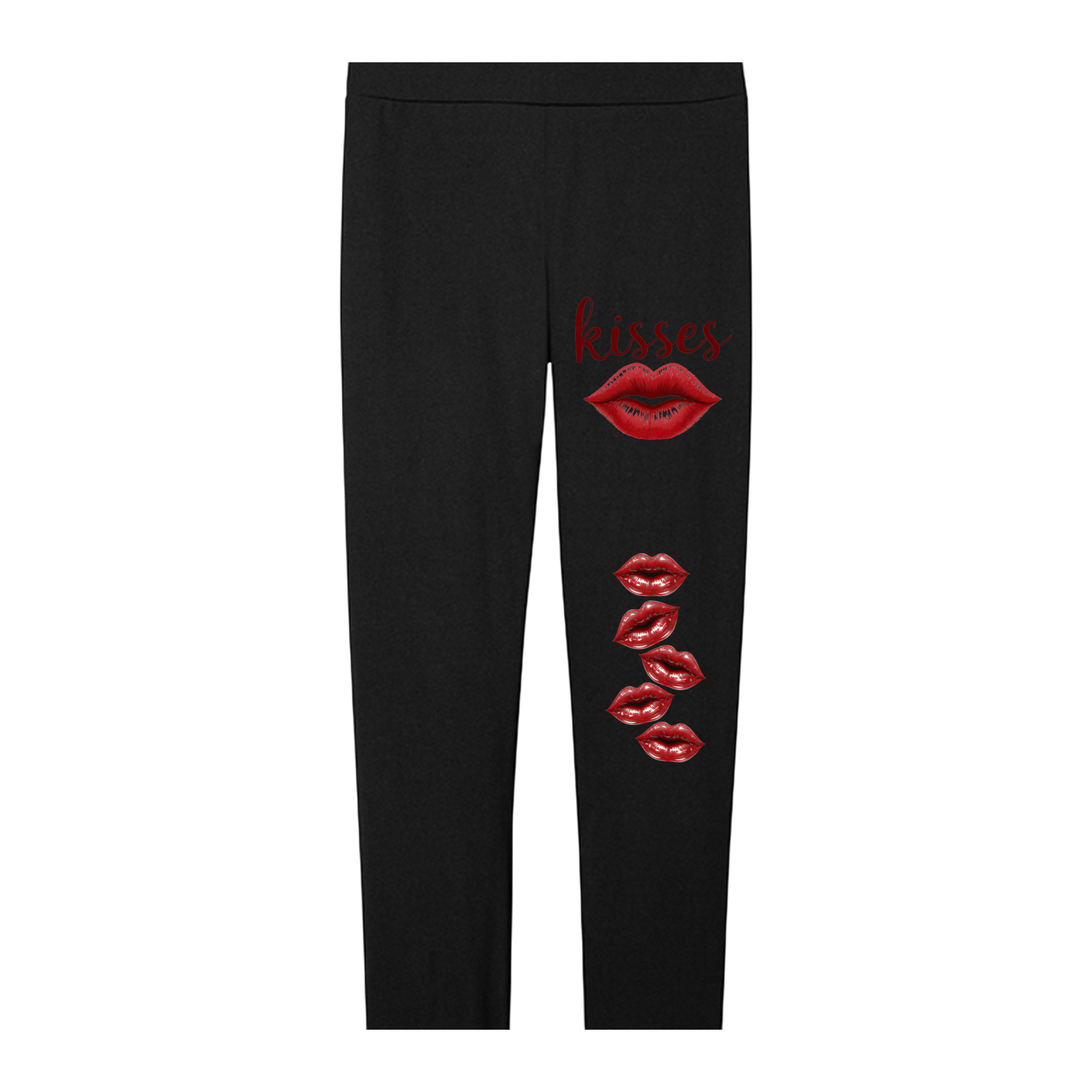 Black leggings with red lip prints and 'kisses' text on a white background