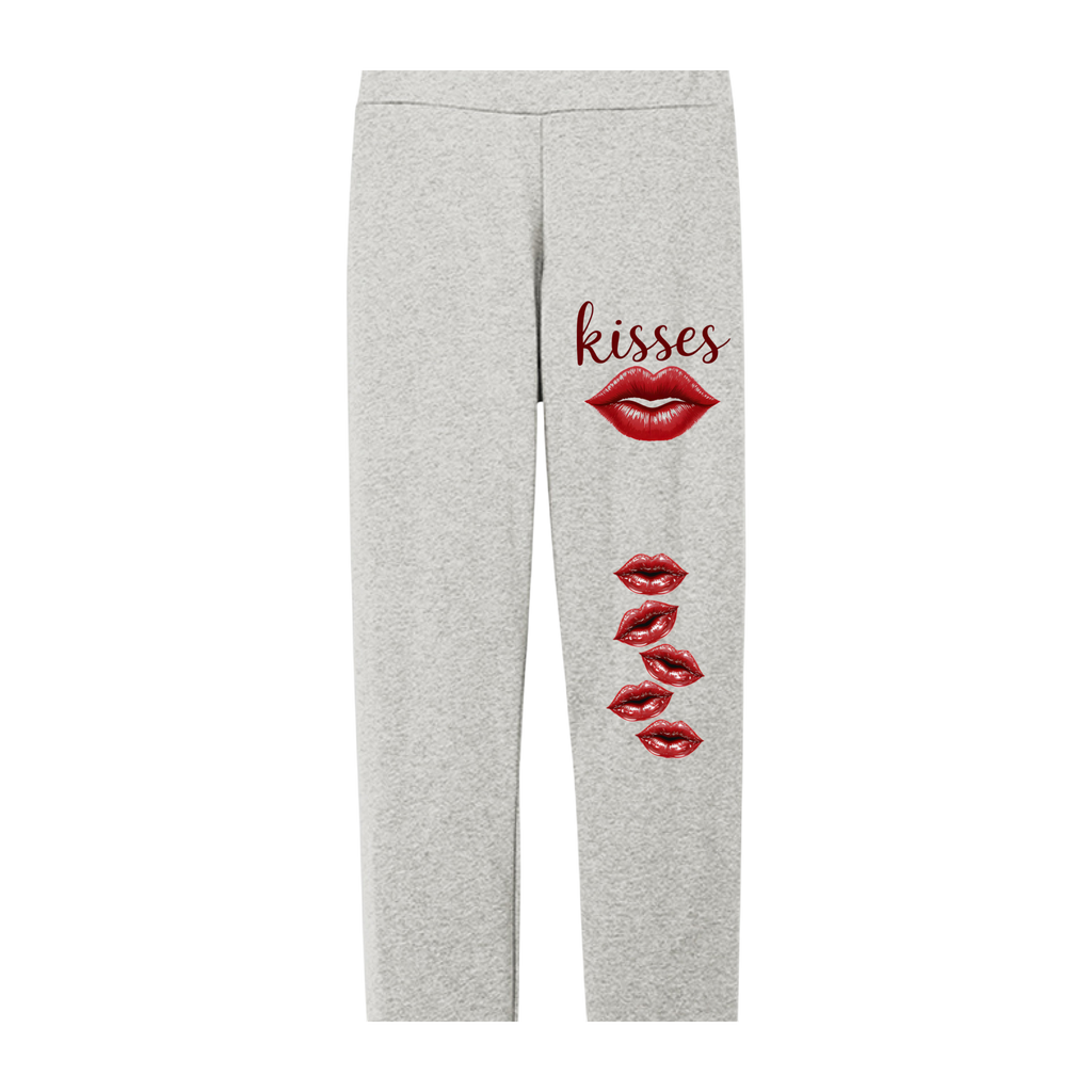 Gray sweatpants with red lip prints and 'kisses' text on a white background