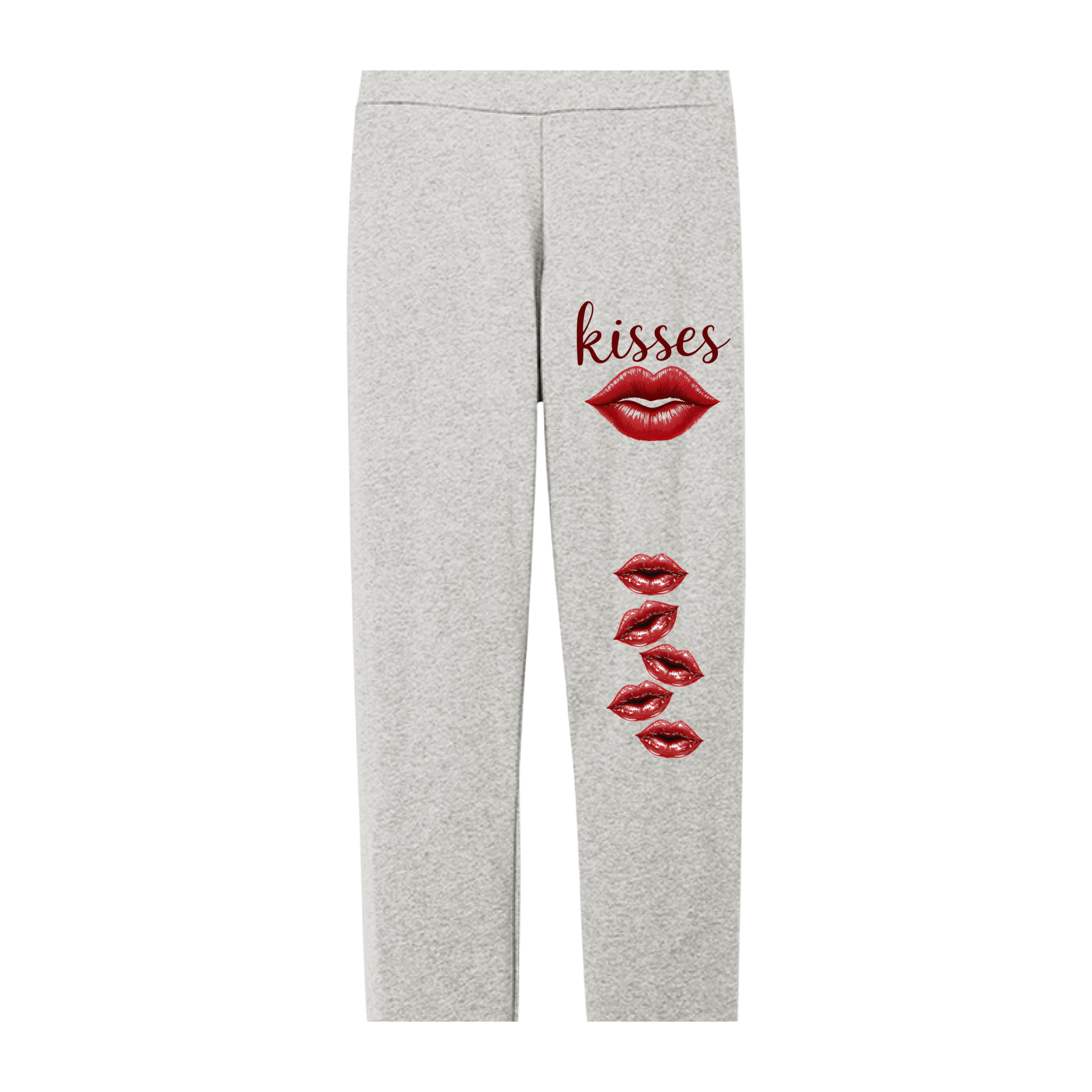Gray sweatpants with red lip prints and 'kisses' text on a white background