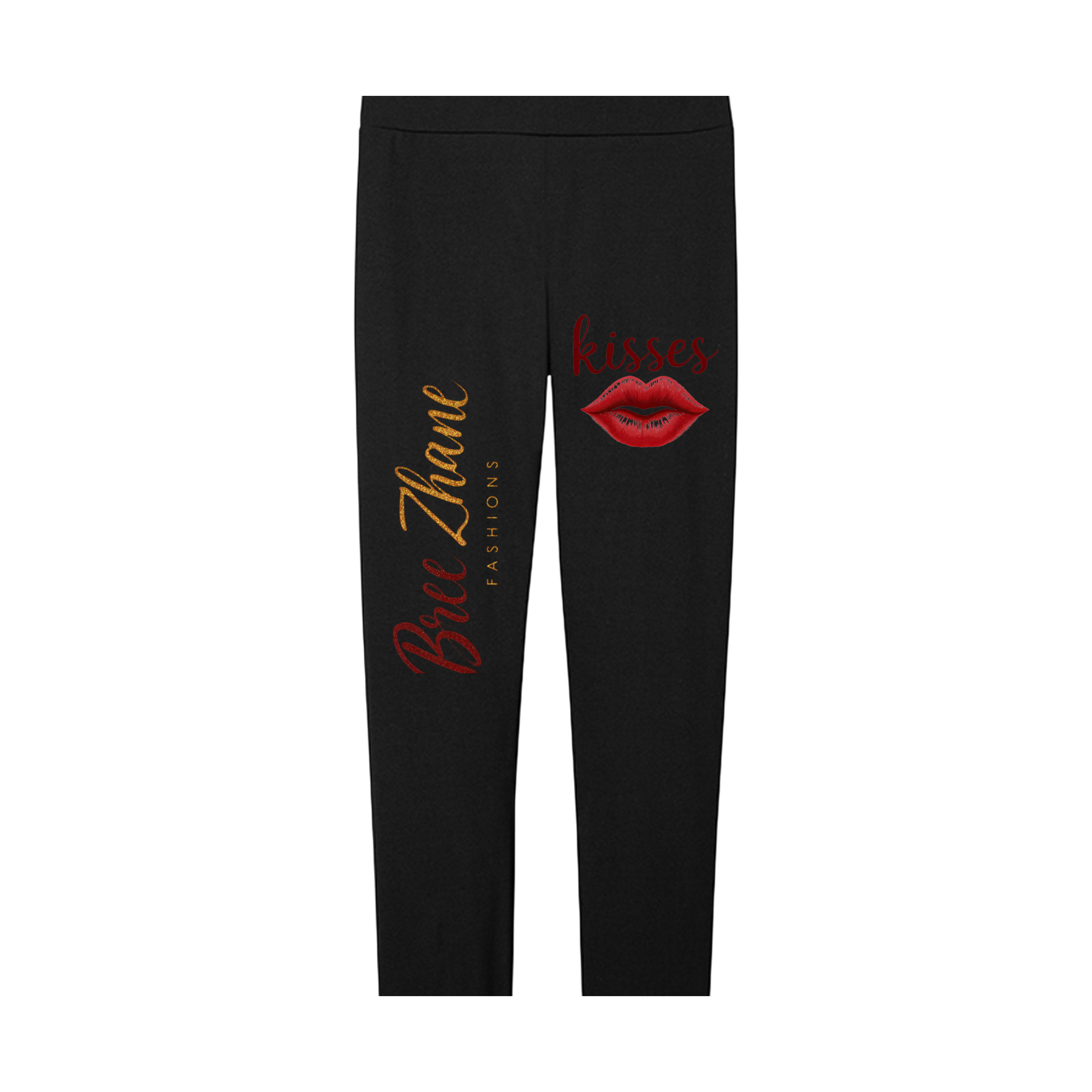 Black leggings with red lip print and text on a white background