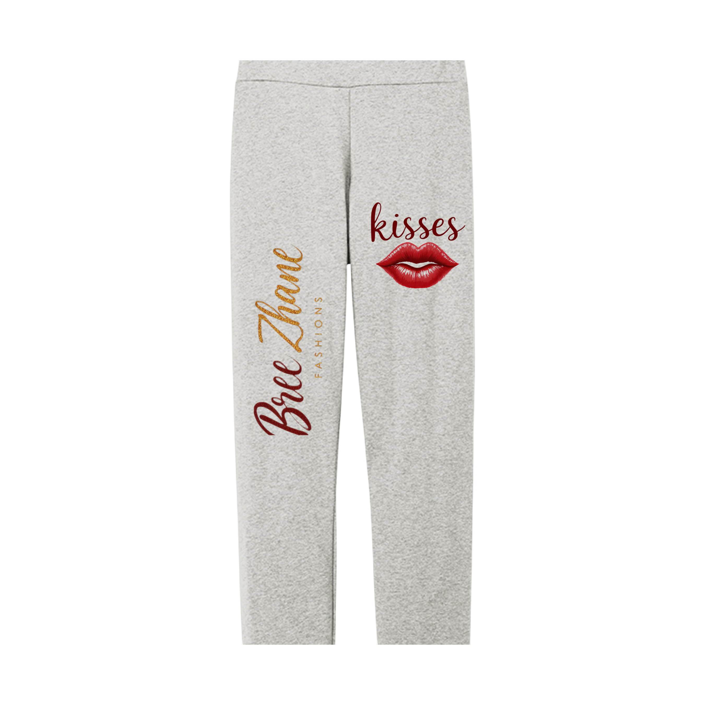 Gray sweatpants with 'Bree Zane' and 'kisses' text on a white background