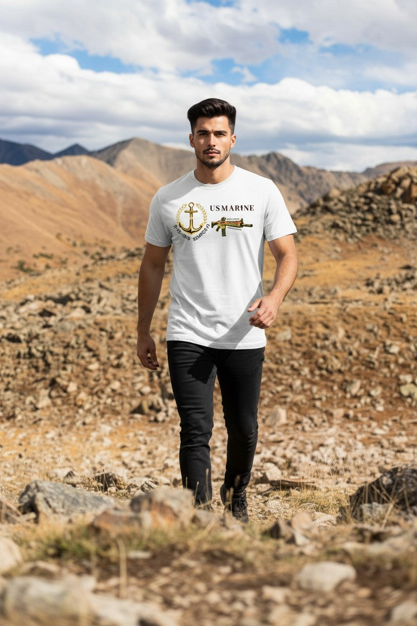 Man wearing a US Marine Corps t-shirt in a desert landscape