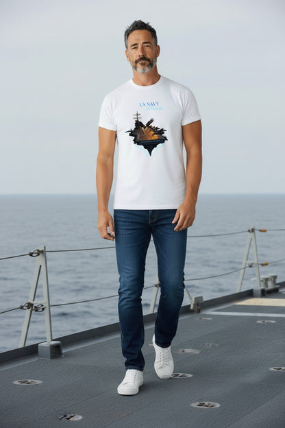 Man wearing a white t-shirt with a graphic design on a ship deck