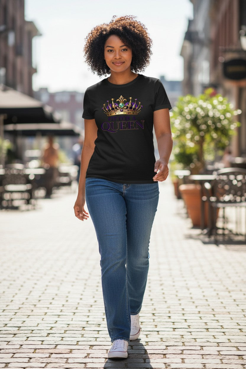 Woman wearing a black t-shirt with 'QUEEN' and a crown graphic, walking on a street.